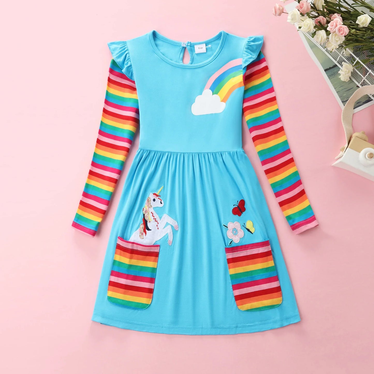 Long Sleeve Rainbow Unicorn Skater Dress